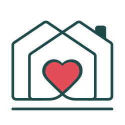 Outline of two overlapping houses with a red heart in the center, symbolizing home and love, on a light background.