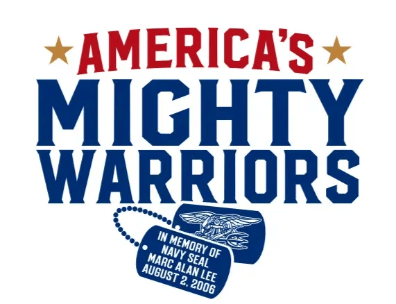 Logo for America’s Mighty Warriors with gold stars, blue dog tags reading “In memory of Navy SEAL Marc Alan Lee August 2, 2006,” and a Navy SEAL emblem.