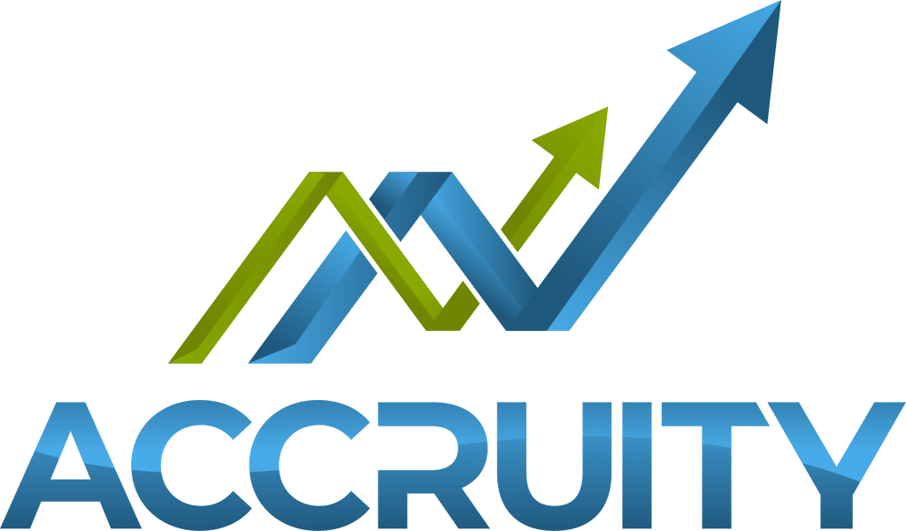 The ACCRUITY logo features stylized blue and green arrows forming a rising graph above bold blue text spelling "ACCRUITY.