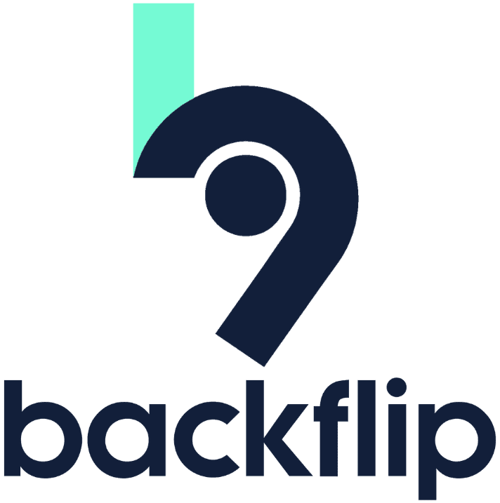 The image shows the word "backflip" in lowercase letters below a stylized logo featuring a dark curved shape with a small mint green rectangle above it.