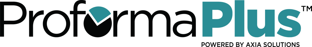 ProformaPlus logo with "Powered by Axia Solutions" written underneath. The "u" in "Proforma" contains a teal check mark.