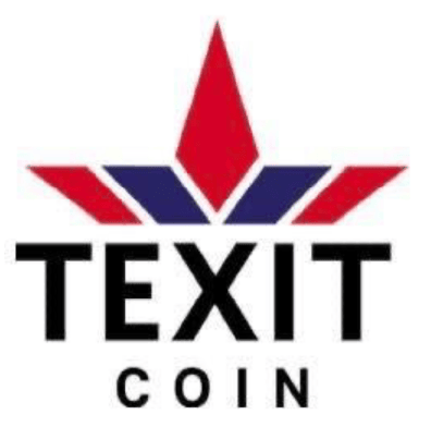 Logo with a stylized red and blue geometric shape above the bold text "TEXIT" and the smaller word "COIN" underneath.