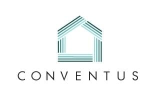 A minimalist logo featuring teal lines forming a geometric house shape above the word "CONVENTUS" in uppercase black letters.