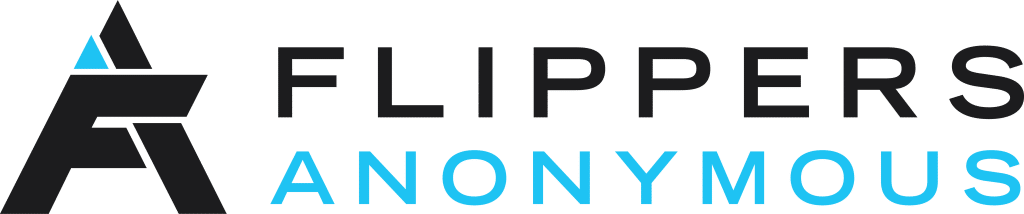 Logo for "Flippers Anonymous" with a stylized black and blue "FA" symbol to the left and the text "FLIPPERS" in black and "ANONYMOUS" in light blue.