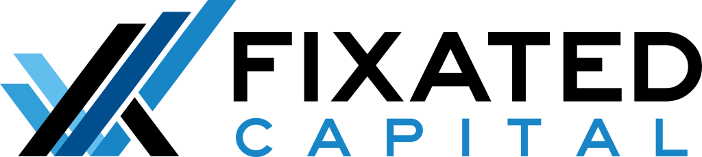 Logo for Fixated Capital featuring blue and black stylized overlapping lines on the left and the company name in bold black and blue text on a light background.