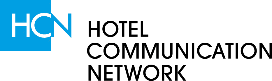 Hotel Communication Network logo with "HCN" in white letters on a blue square, followed by the words "HOTEL COMMUNICATION NETWORK" in black capital letters.