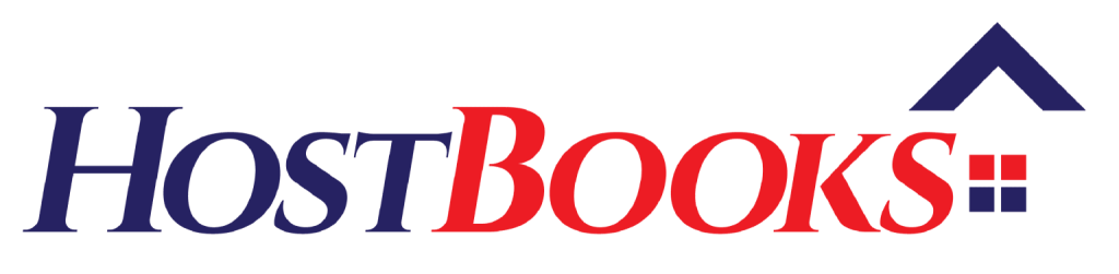 HostBooks logo in blue and red text with a blue roof-shaped graphic above two square dots at the end.