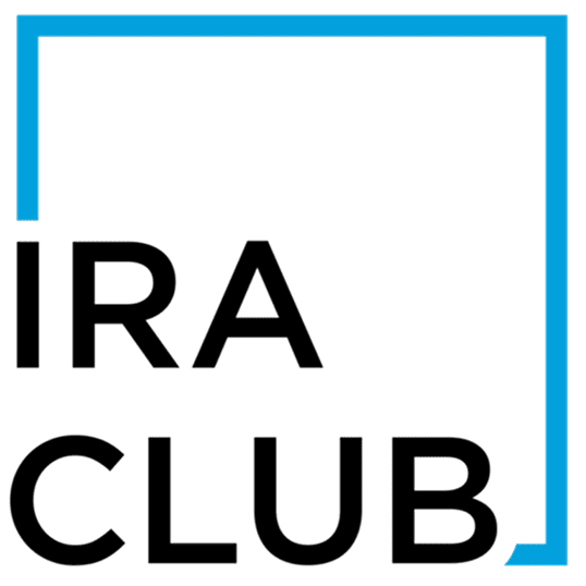 Logo with the words "IRA CLUB" in bold black letters, partially enclosed by a blue cornered square on a white background.