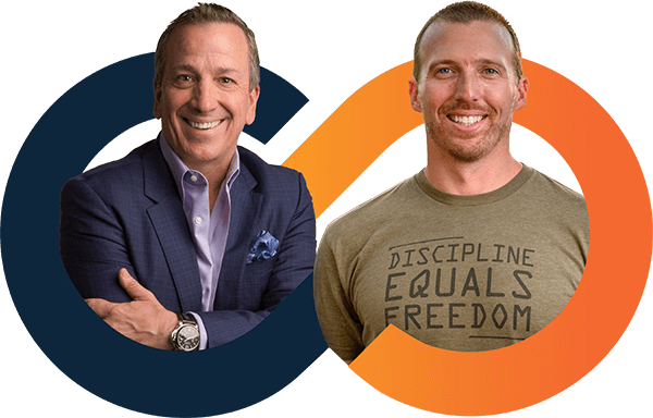 Two men stand side by side, one in a suit and the other in a t-shirt that reads "Discipline Equals Freedom," with an intertwined loop graphic in the background.