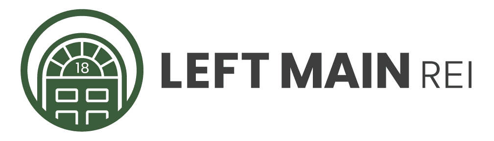 Left Main REI logo with a green circular icon featuring the number 18 and a partial building outline, alongside the company name in bold black text.