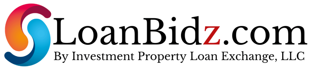 LoanBidz.com logo with colorful swirl icon and tagline "By Investment Property Loan Exchange, LLC" on a white background.