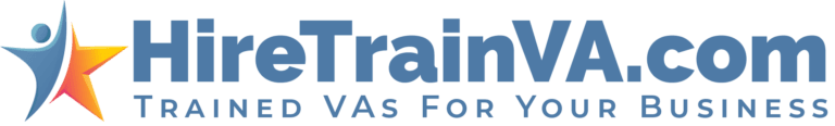 Logo for HireTrainVA.com with a blue and orange star figure to the left and the tagline "Trained VAs For Your Business" below the website name.