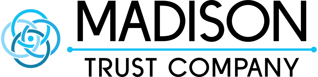 Madison Trust Company logo featuring a blue abstract geometric design on the left and bold black text on the right, separated by a blue line.
