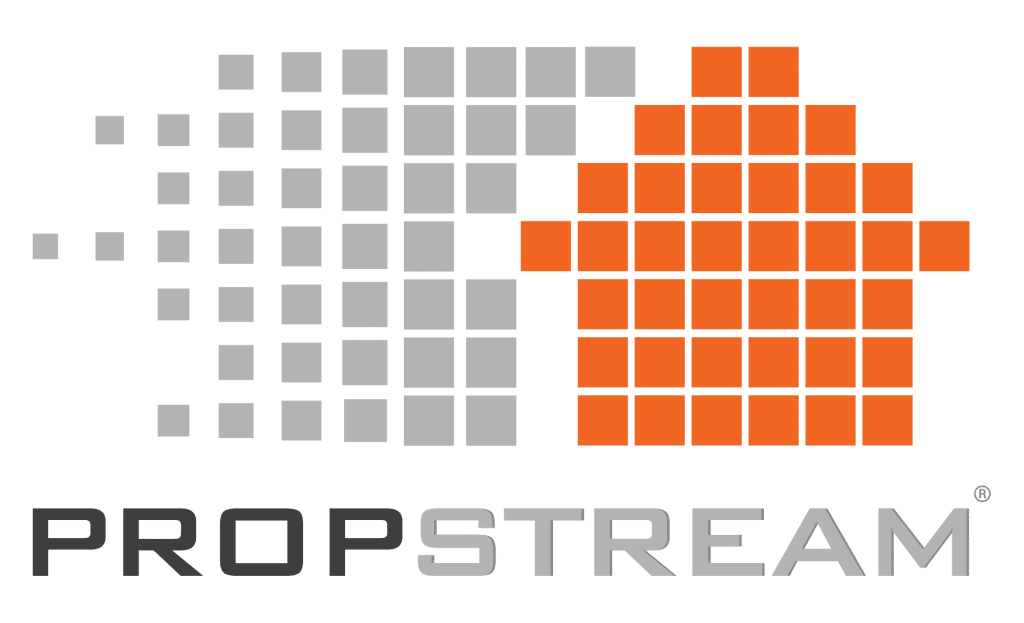 PropStream logo featuring gray and orange pixel squares forming a house shape above the brand name "PropStream" in bold black and gray text.