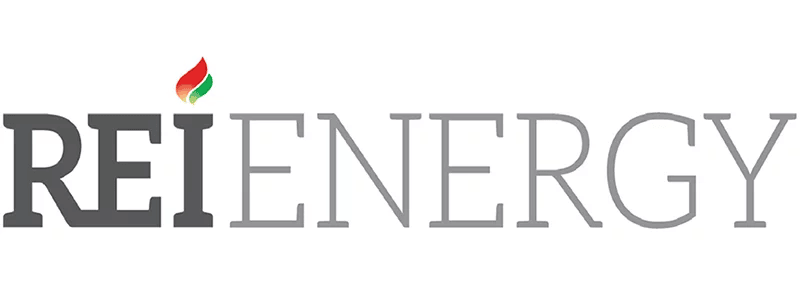 Logo displaying the text "REI ENERGY" with a red and green flame above the "I" in "REI.
