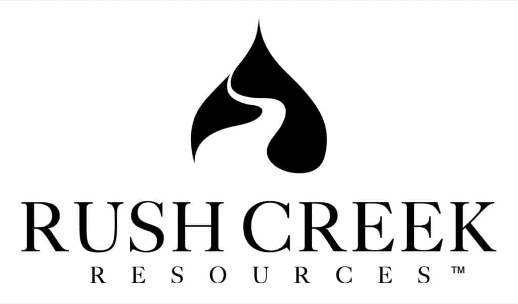 Logo for Rush Creek Resources featuring a black abstract droplet shape above the company name in bold, uppercase letters.