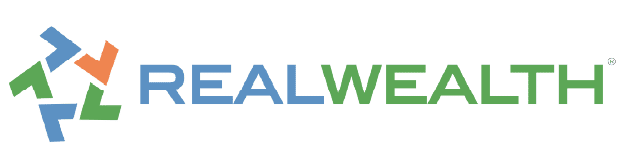 RealWealth logo with a blue, green, and orange geometric symbol on the left and the word "REALWEALTH" in blue and green capital letters on the right.