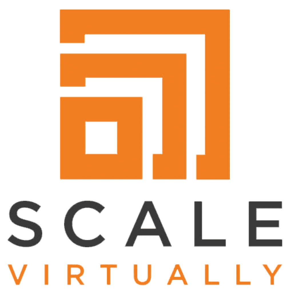 Orange geometric logo above the words "SCALE" in black and "VIRTUALLY" in orange, all in uppercase letters on a white background.