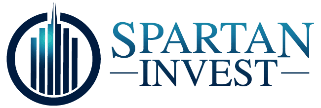 Logo for Spartan Invest featuring a circle enclosing stylized skyscrapers on the left, with the text "SPARTAN INVEST" in blue capital letters to the right.