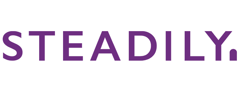 The word "STEADILY." in large, bold, purple capital letters on a light gray background.