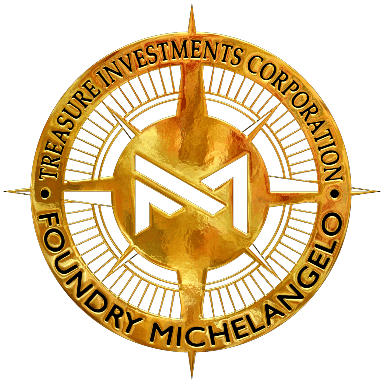 Gold circular emblem with a compass design, featuring the letters "M" and "A" in the center. Text reads: "Treasure Investments Corporation Foundry Michelangelo.