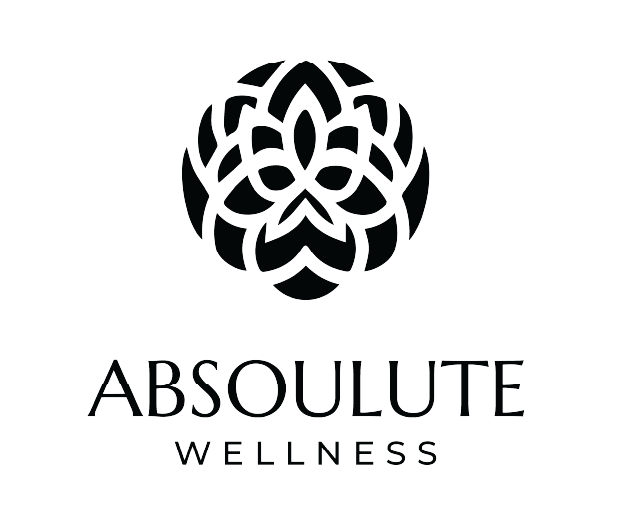 Black geometric floral logo above the words "ABSOLUTE WELLNESS" in uppercase serif font on a light background.