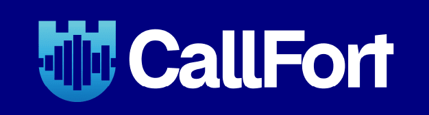 The image shows the CallFort logo, featuring a blue shield with sound wave graphics on the left and the word "CallFort" in bold white text on a dark blue background.