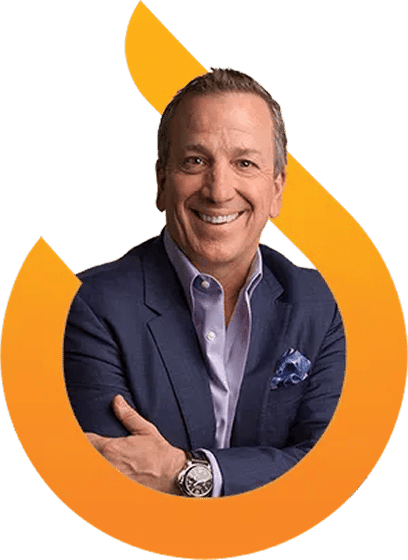 A man in a suit smiling with arms crossed, framed by an orange curved graphic on a light background.