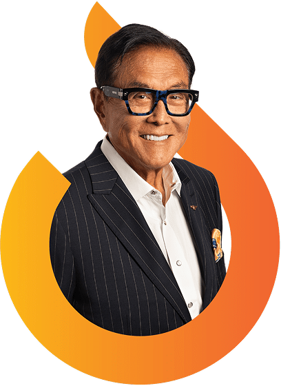 A man in a pinstripe suit, white shirt, and glasses is smiling, with an orange gradient flame-like graphic in the background.