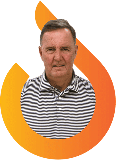 A man in a striped shirt is centered within an orange and yellow flame-shaped graphic on a plain background.