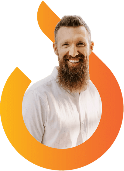 A bearded man in a white shirt smiles, framed by an orange and yellow gradient graphic shaped like a stylized flame or curve.