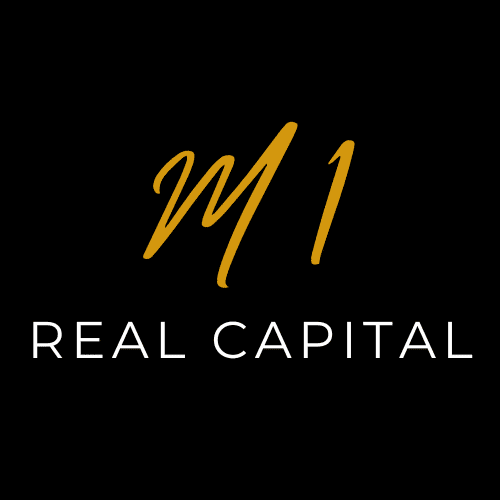 A black background with "M1" in large gold script above "REAL CAPITAL" in white uppercase letters.