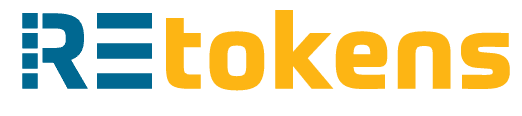 Logo with the text "REtokens" in blue and yellow font on a light gray background.