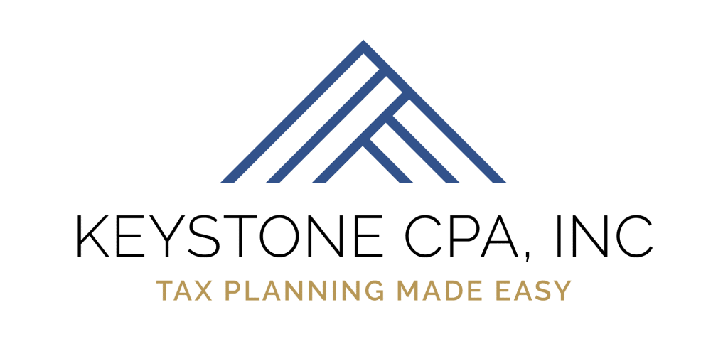 Logo for Keystone CPA, Inc. featuring a stylized blue triangular design above the text "KEYSTONE CPA, INC" and the slogan "TAX PLANNING MADE EASY" in gold.