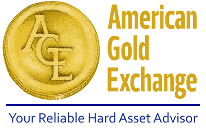 American Gold Exchange logo featuring a gold coin with "AGE" initials and the text "American Gold Exchange" and "Your Reliable Hard Asset Advisor" in gold and blue font.