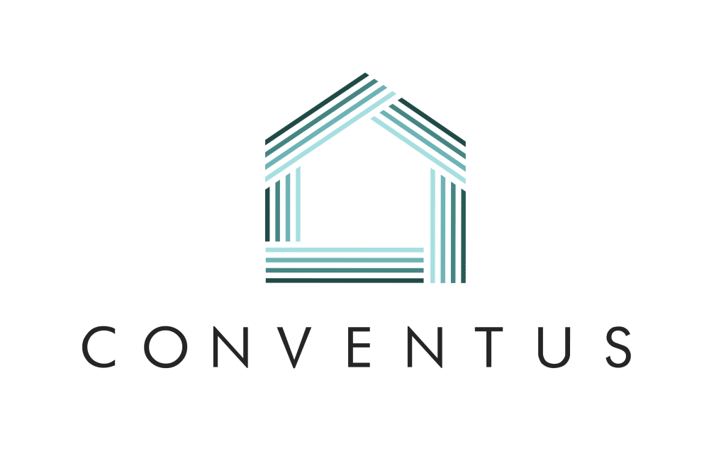 Minimalist logo with a geometric house shape formed by parallel lines in teal shades above the word "CONVENTUS" in uppercase sans-serif font.