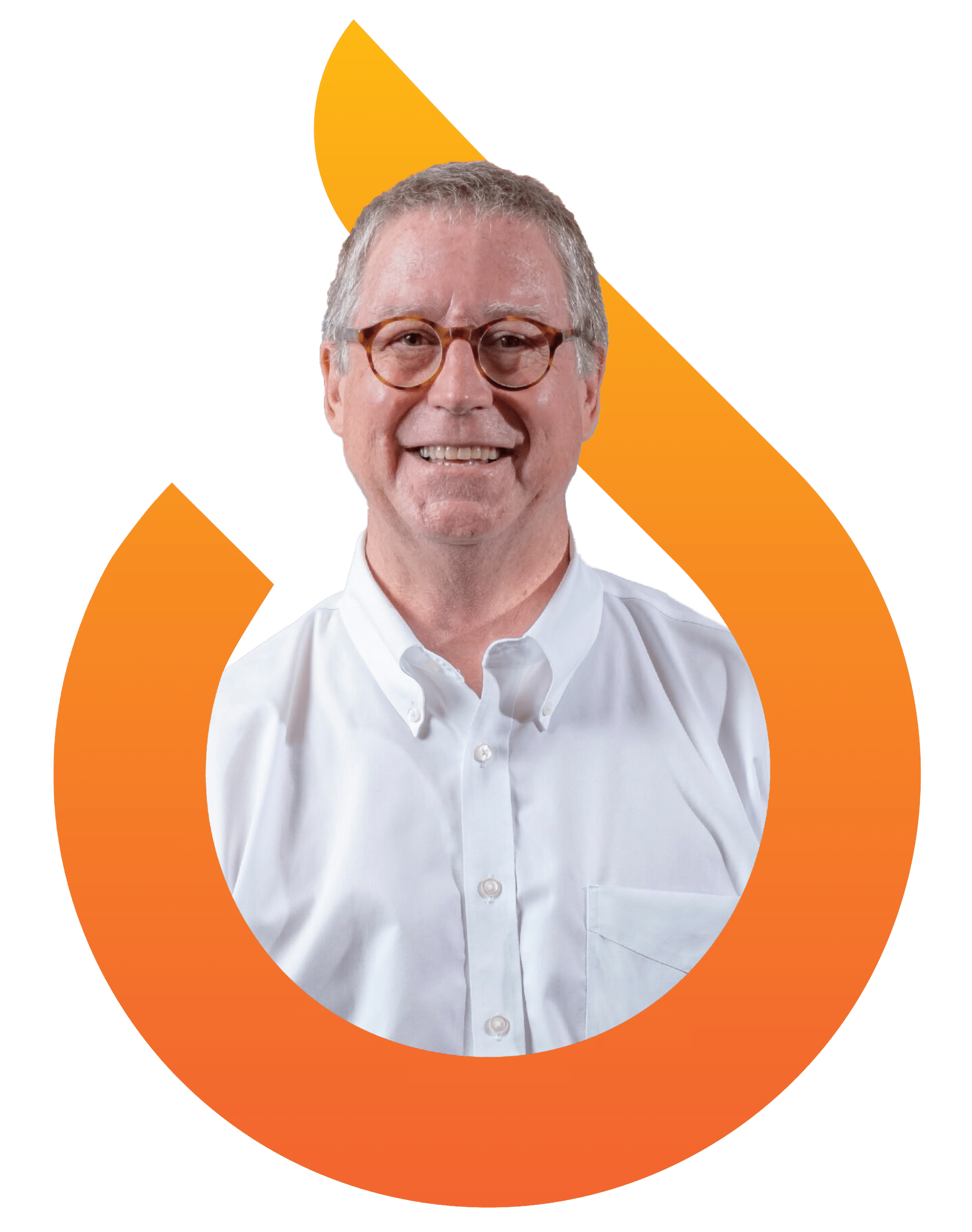 A smiling older man wearing glasses and a white shirt is framed by an orange flame-shaped graphic.