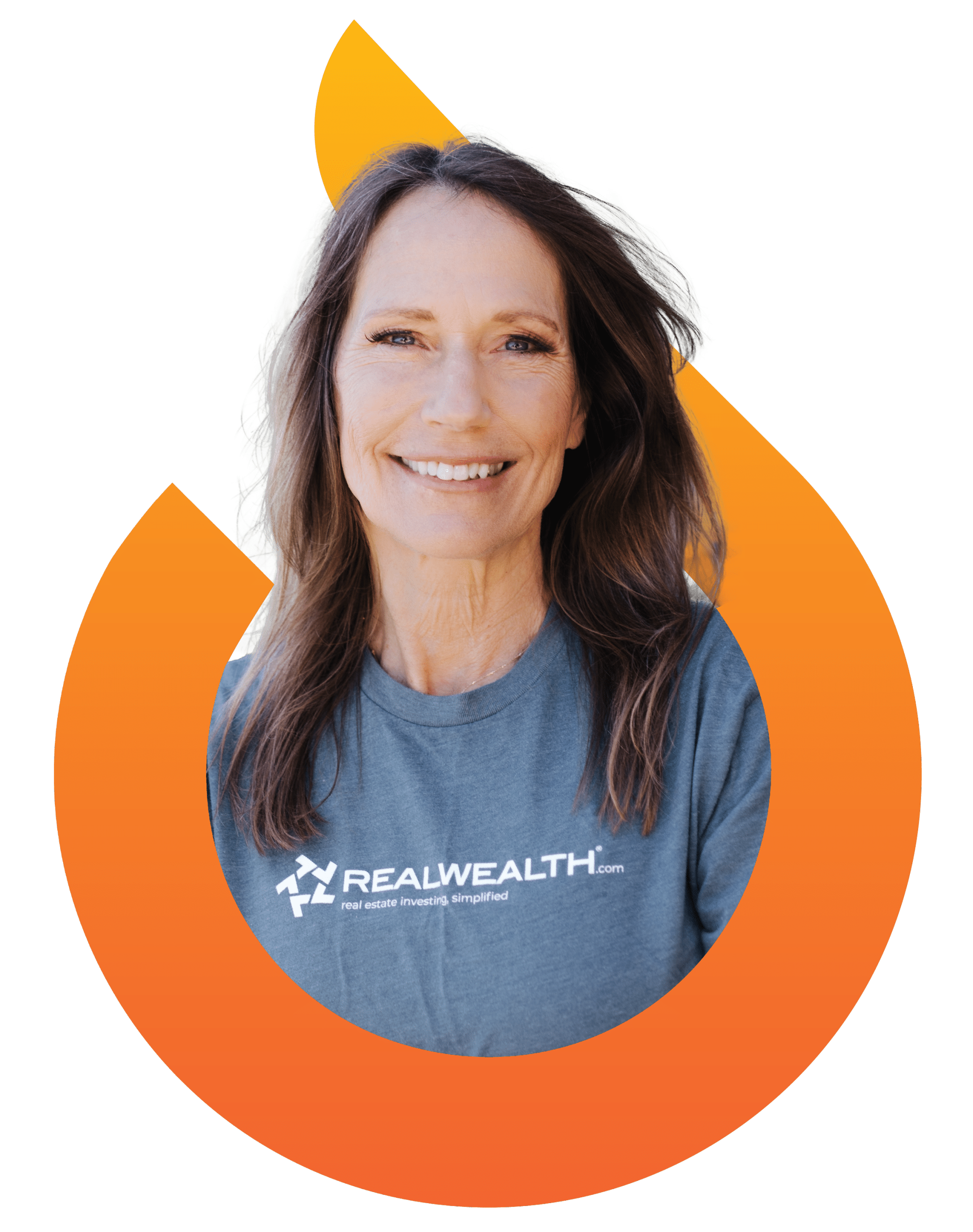 Smiling woman with long brown hair wearing a RealWealth t-shirt, shown inside an orange flame-shaped graphic on a white background.