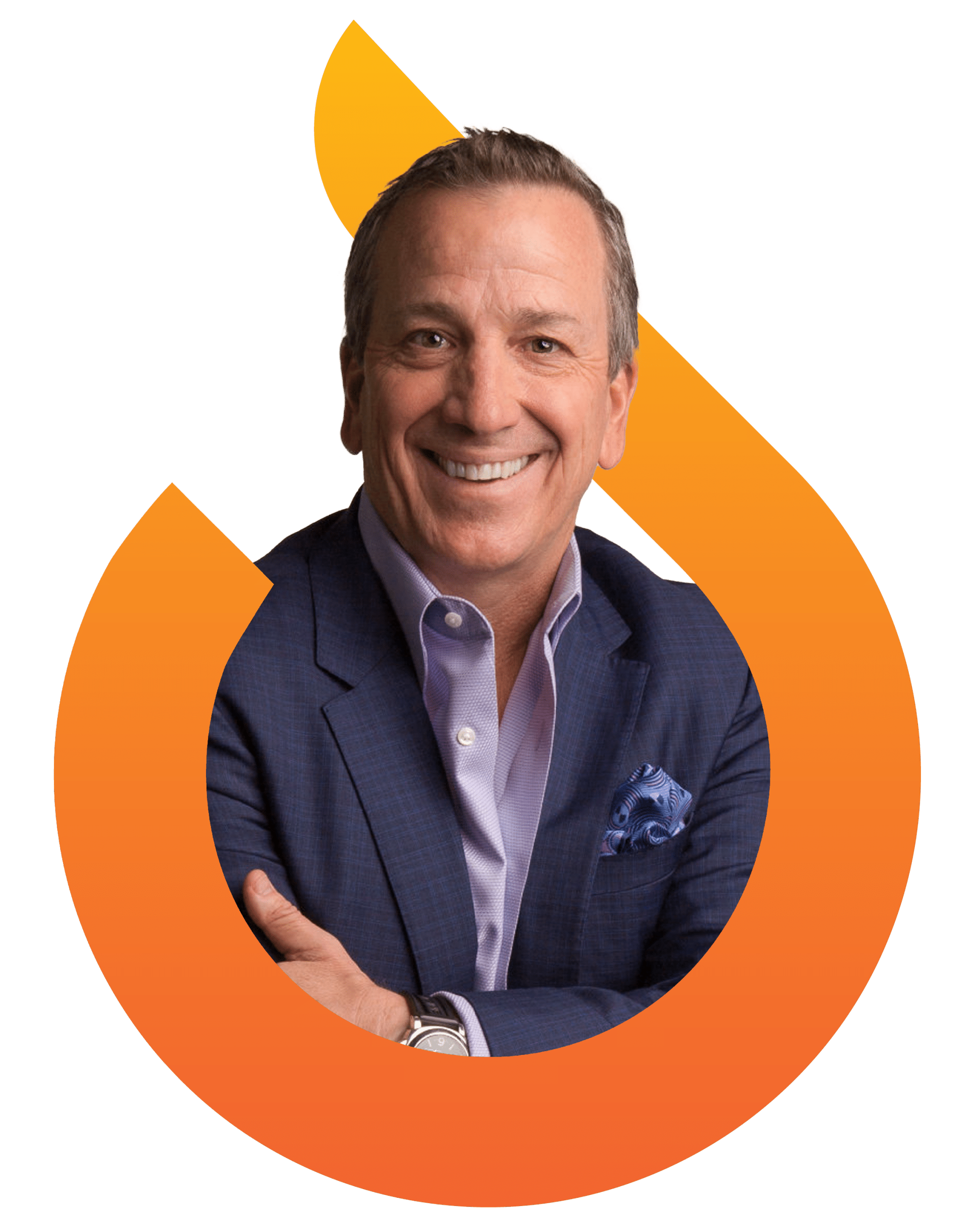 Smiling man in a suit jacket and dress shirt, arms crossed, posed inside an orange abstract shape with a white background.