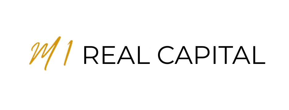 Logo with the text "M1 REAL CAPITAL"; "M1" is styled in gold script, while "REAL CAPITAL" is in black uppercase letters on a white background.