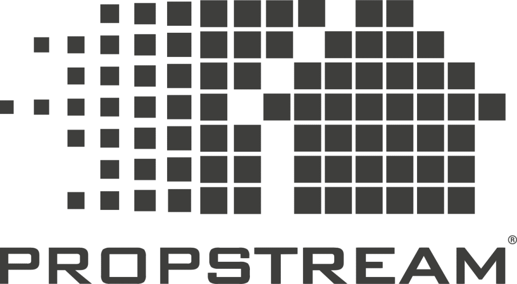 PropStream logo featuring a grid of dark squares forming an abstract shape above the word "PROPSTREAM" in bold, capital letters.