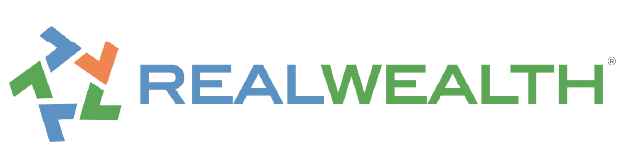 RealWealth logo featuring a geometric design with blue, green, and orange shapes on the left, and the words "REALWEALTH" in blue and green text on the right.