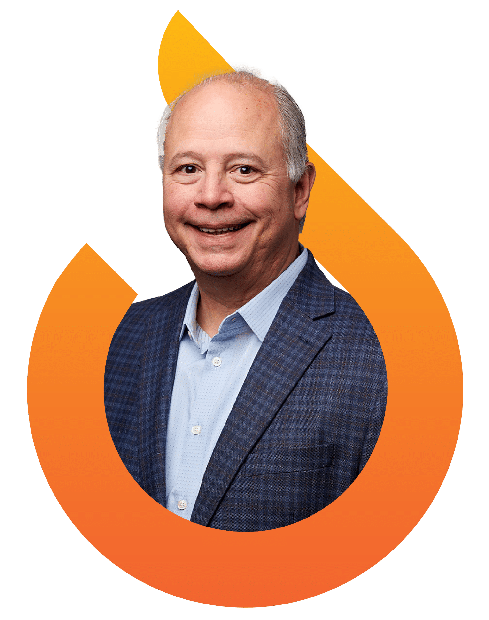 Smiling man in a blue checked blazer and light blue shirt, standing in front of an orange flame-shaped graphic.