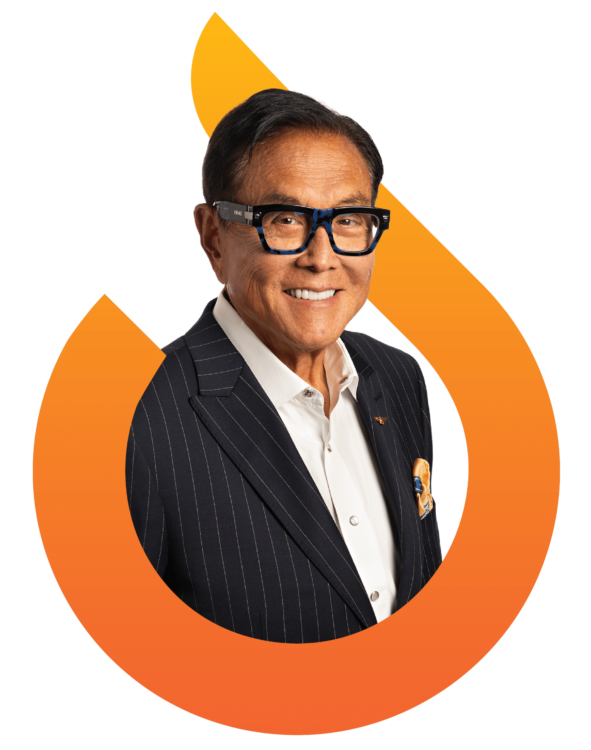 A man in a dark pinstripe suit and glasses smiles at the camera, framed by an orange flame-shaped graphic on a white background.