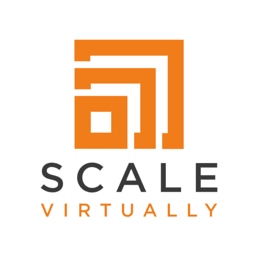 Orange geometric logo above the words "SCALE VIRTUALLY," with "SCALE" in gray uppercase letters and "VIRTUALLY" in orange uppercase letters.