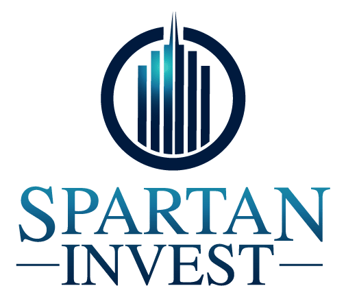 Spartan Invest logo featuring stylized blue skyscrapers inside a circle above the words "SPARTAN INVEST" in bold, gradient blue text.
