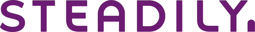The word "STEADILY." is displayed in bold, uppercase, purple letters on a light background.