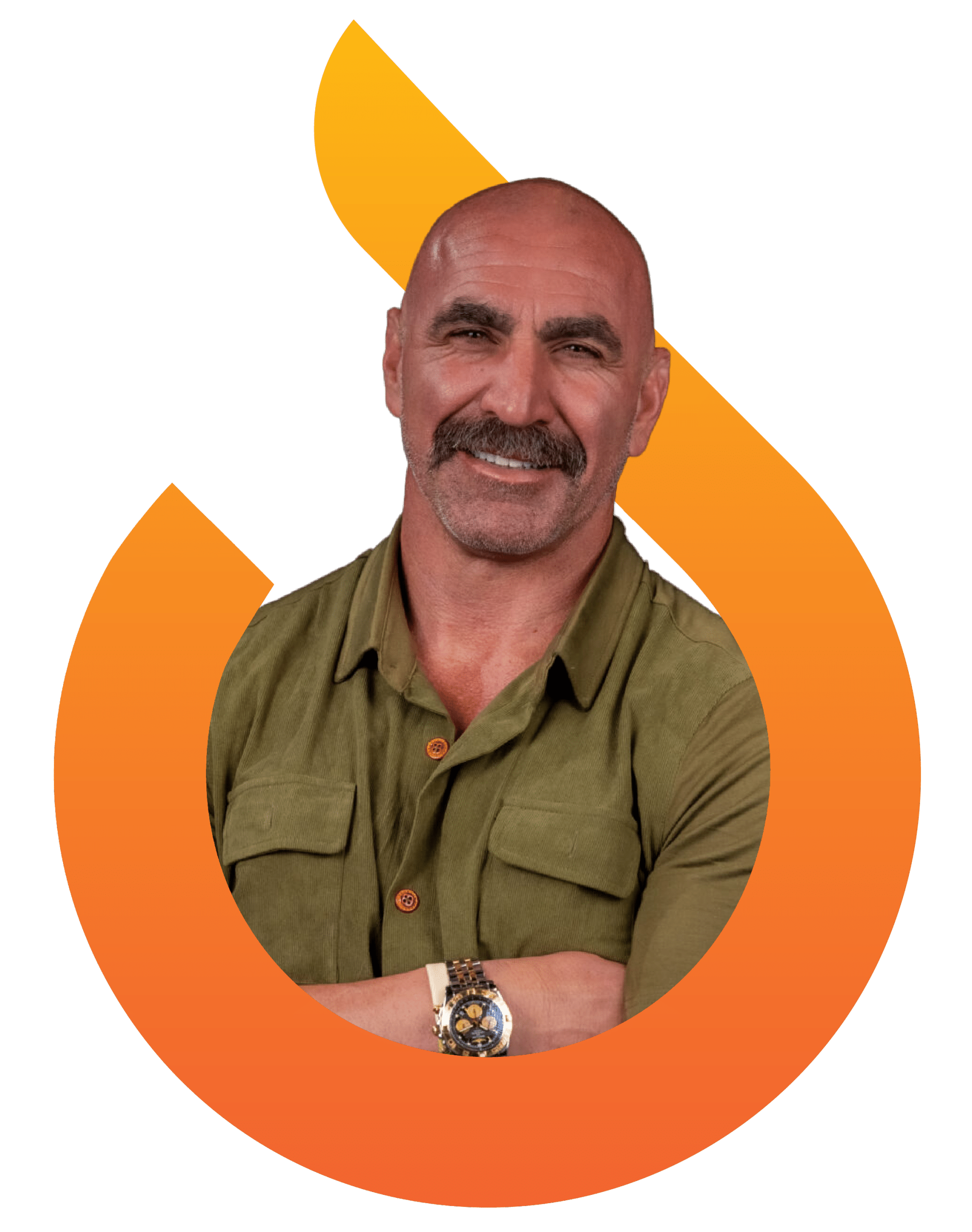 A middle-aged man with a mustache and shaved head, wearing a green shirt and watch, stands in front of an orange abstract shape.