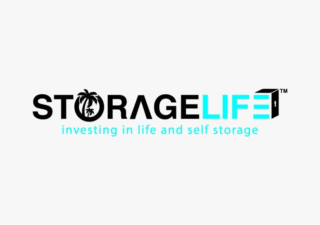 Logo reading “STORAGE LIFE: investing in life and self storage” with a palm tree in the “O” and a storage unit icon in the word “LIFE.”.