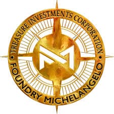 Gold circular emblem with a compass design, featuring the initials "M" and "T" in the center. The text reads: "Treasure Investments Corporation Foundry Michelangelo.
